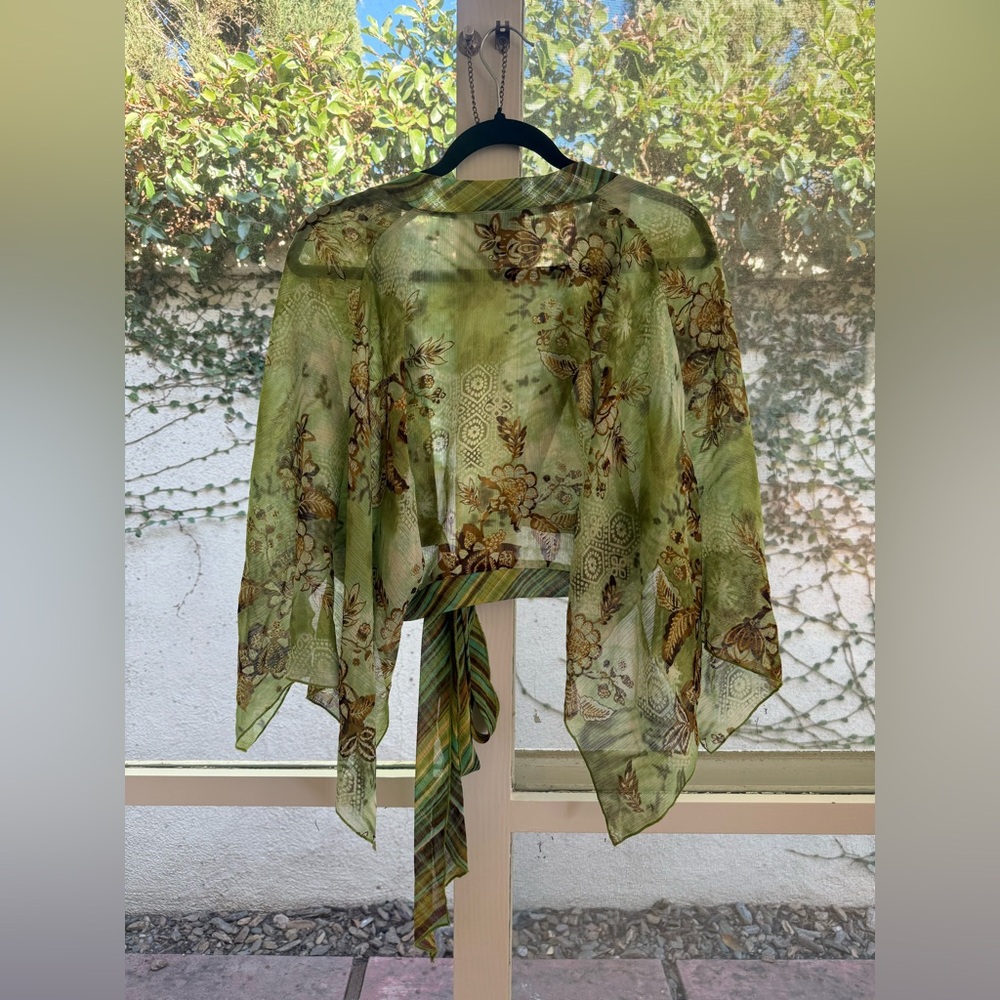 Vintage Y2K Mixit Crop Tie Front Flowy Asymmetrical Sleeve Floral Fairycore Top - Picture 10 of 11
